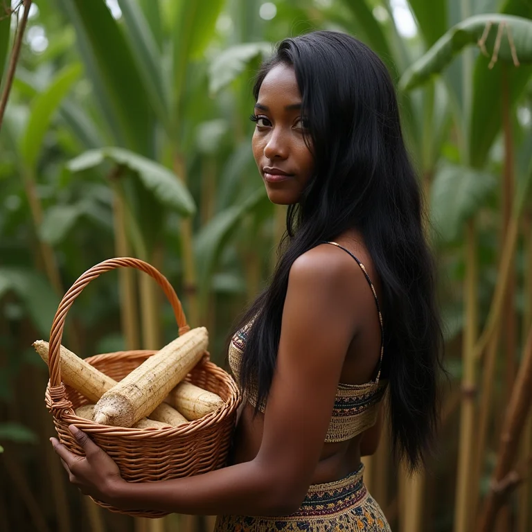 Jovem indígena colhendo mandioca: a história por trás dos alimentos
