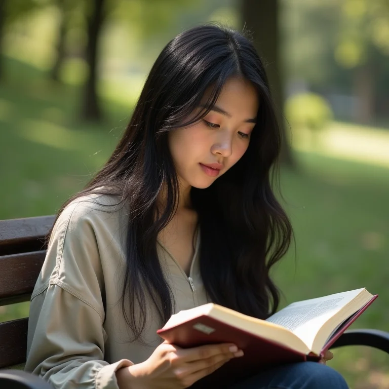 Jovem lendo livro em parque, sem celular.