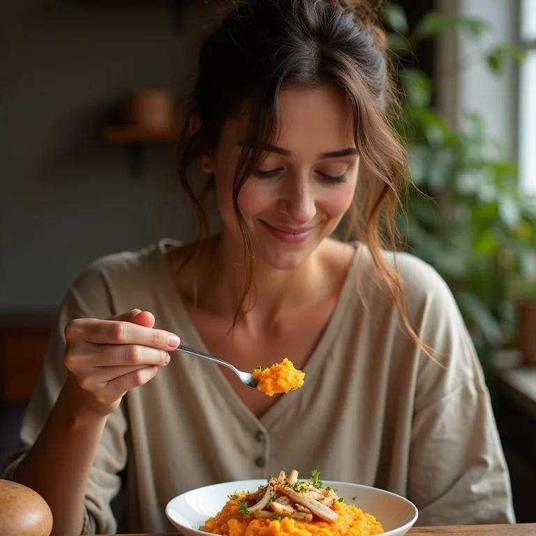 Jovem mulher parda apreciando purê de batata doce com mandioquinha e frango.