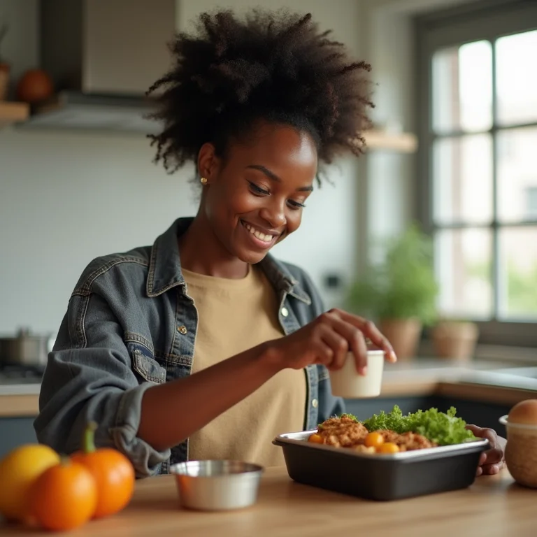 Jovem negra adicionando proteína em lancheira escolar.