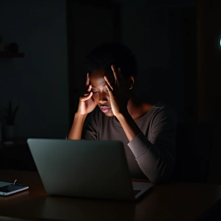 Jovem negra brasileira esfregando os olhos cansados em frente ao computador à noite.