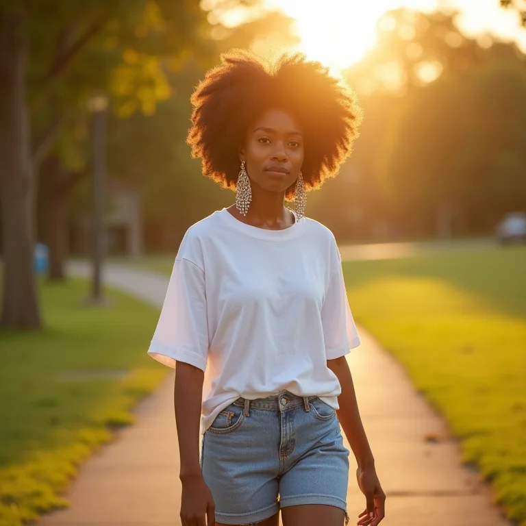 Jovem negra com look casual e maxi brincos artesanais em parque
