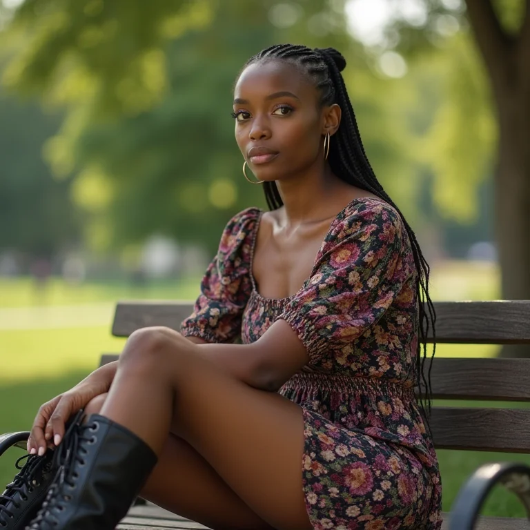 Jovem negra com vestido floral curto e coturno em parque