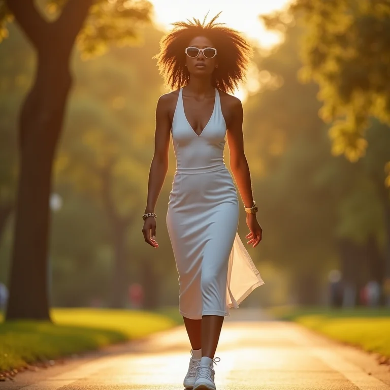 Jovem negra estilosa usando vestido branco e tênis chunky no parque.