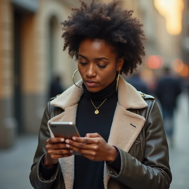 Jovem negra lendo avaliações online de brechó antes de comprar