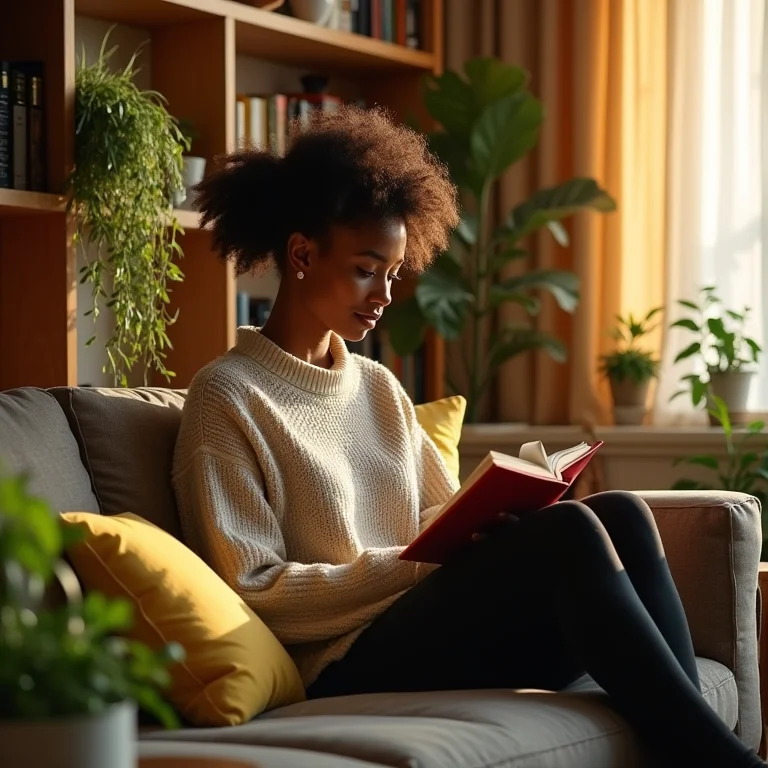 Jovem negra lendo livro com Jiboia pendente na estante em apartamento moderno