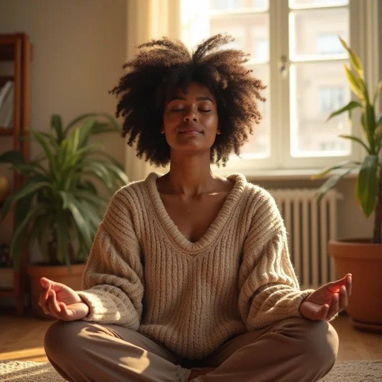Jovem negra meditando em casa