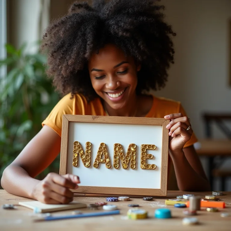 Jovem negra personalizando porta-retrato com nome
