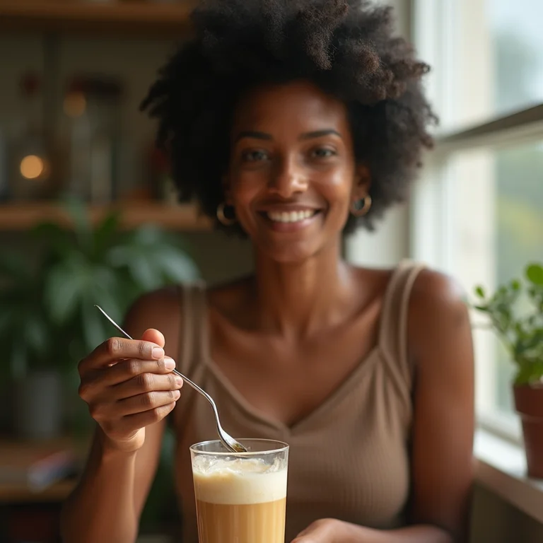 Jovem negra preparando café gelado cremoso.