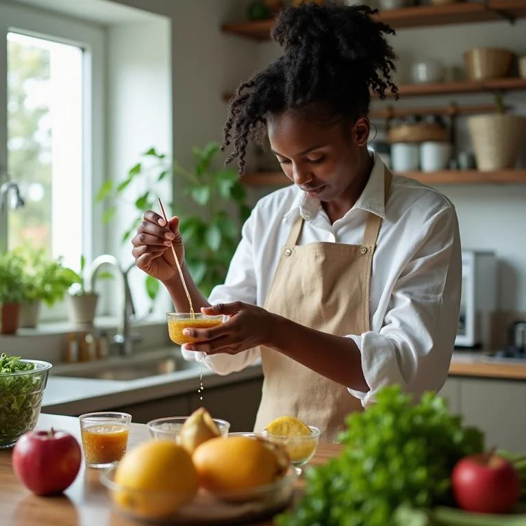 Jovem negra preparando receita caseira com vinagre de maçã
