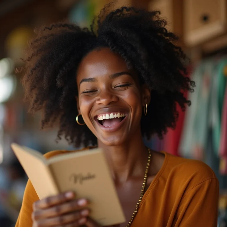 Jovem negra sorrindo com livreto de cordel