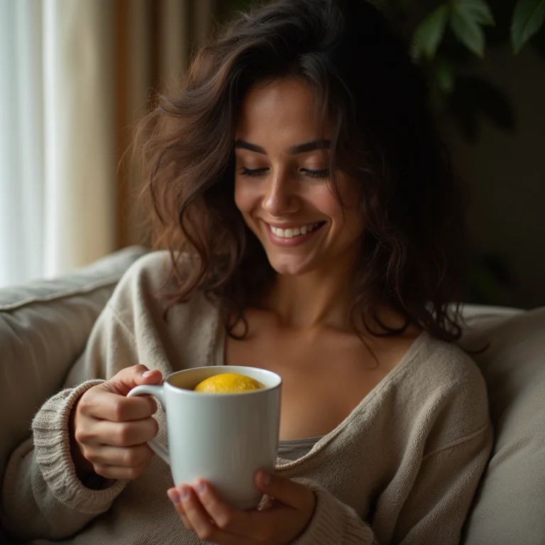 Jovem relaxada bebendo chá de assa peixe com limão para aliviar dor de estômago.