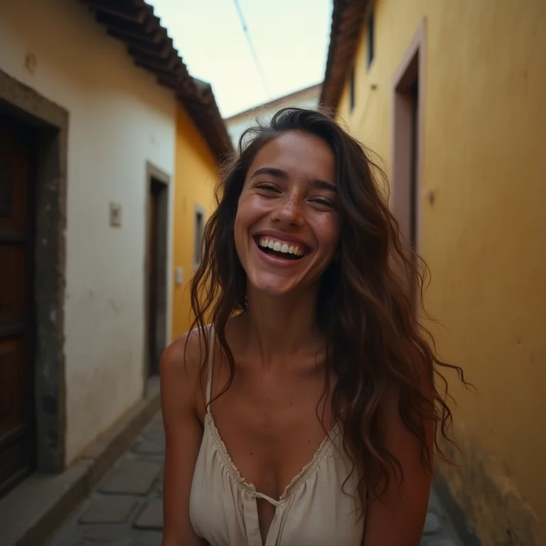 Jovem se perdendo em viela charmosa durante viagem em família.