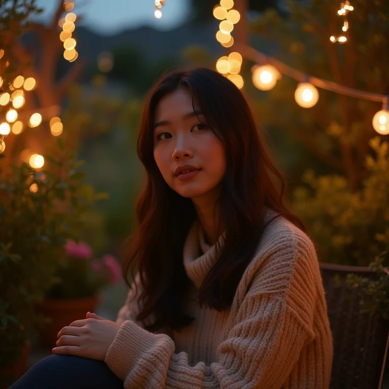 Jovem sentada em pátio iluminado por luzes aconchegantes