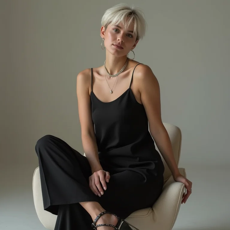 Jovem vestindo slip dress preto da Amaro com colar delicado