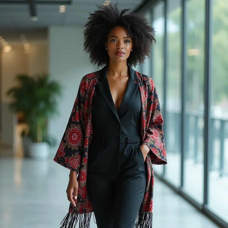 Kimono com franjas usado como terceira peça em look de trabalho.