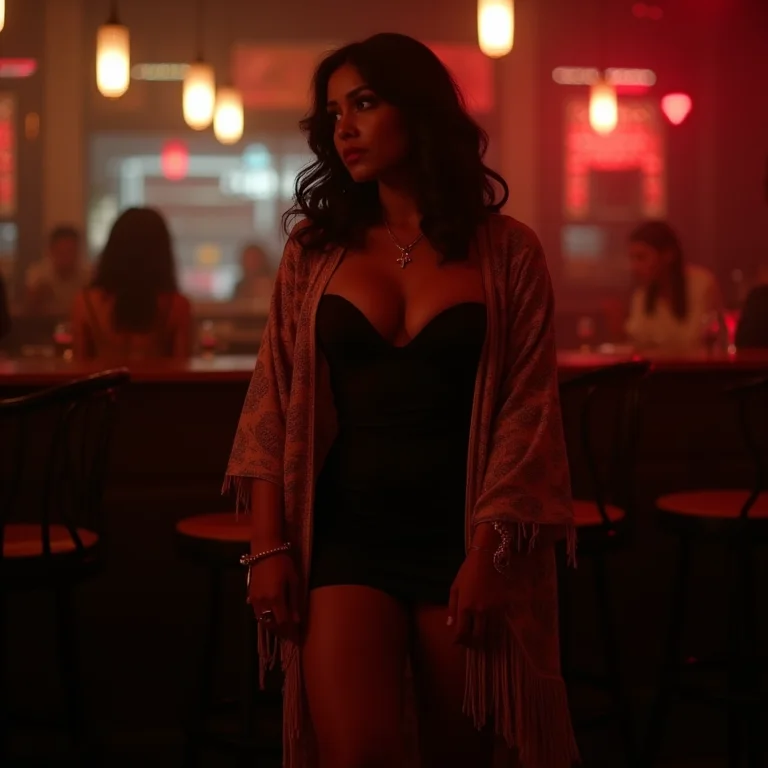 Kimono com franjas usado em look noturno com slip dress e salto alto.