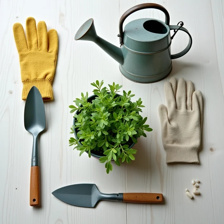 Kit de jardinagem com vaso de rúcula, ferramentas e regador.