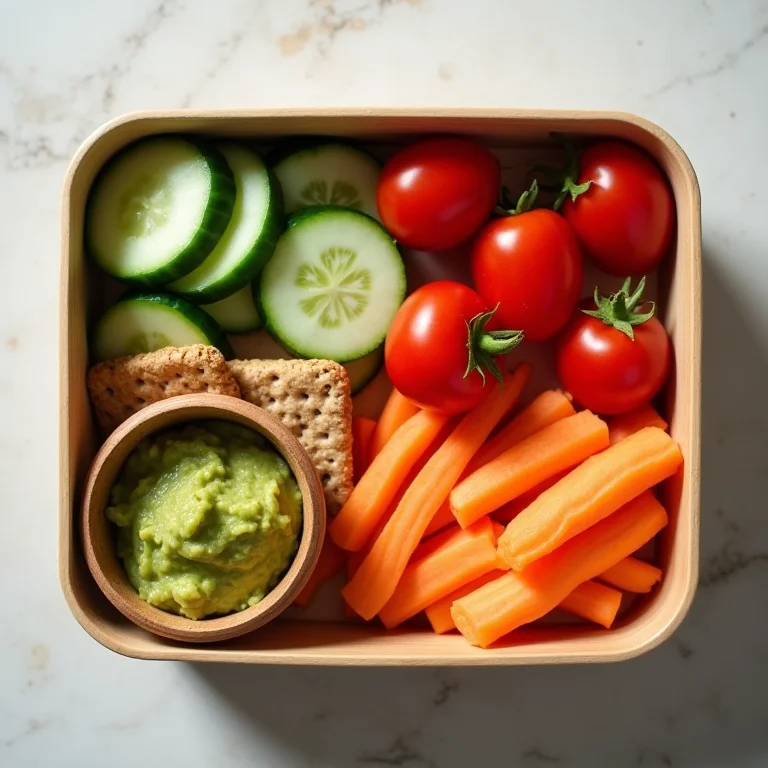 Lancheira com vegetais frescos e guacamole.