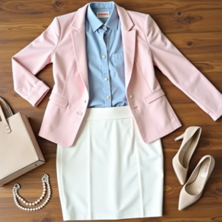 Layout de escritório com blazer rosa pastel, camisa azul bebê, saia lápis branca e acessórios.