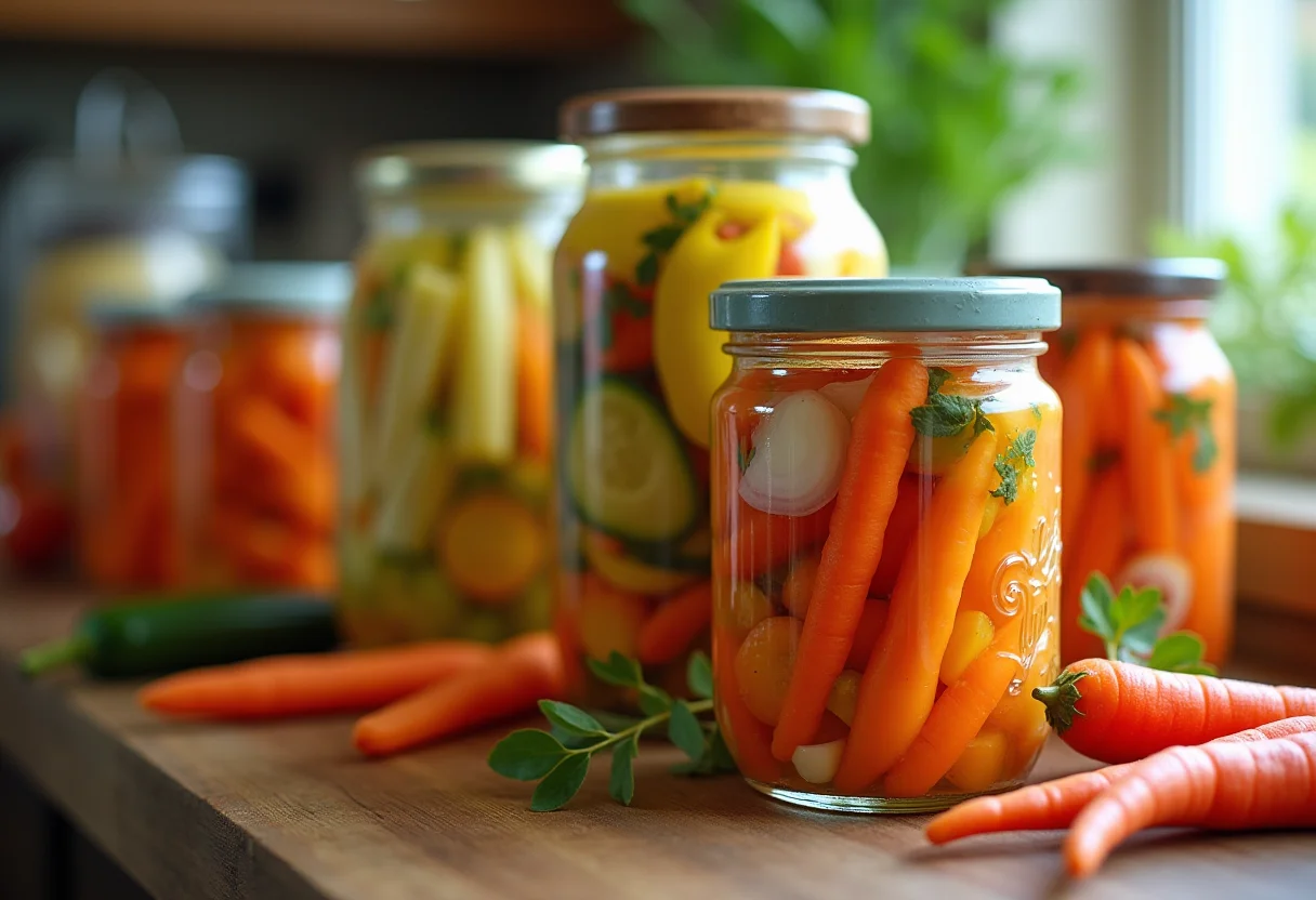 Legumes em conserva: o segredo para refeições rápidas e saudáveis Legumes coloridos em conserva em potes de vidro.