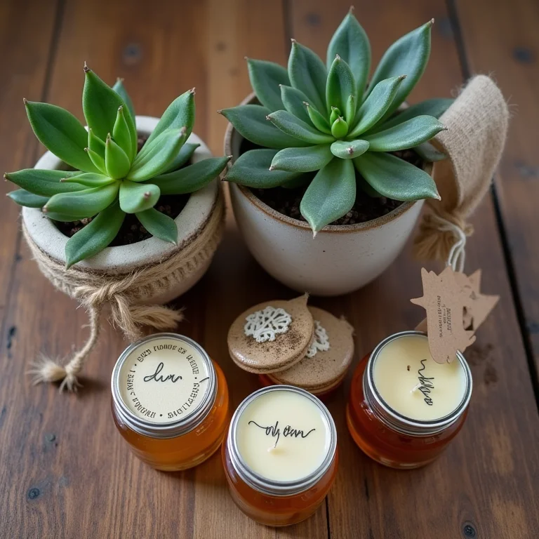 Lembrancinhas de casamento criativas e úteis dispostas em uma mesa rústica