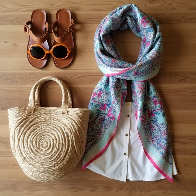 Lenço estampado, bolsa de palha e óculos de sol, acessórios boêmios