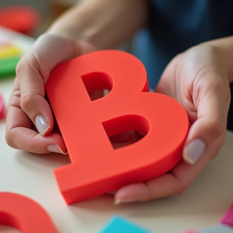 Letra B de EVA vermelha sendo desmoldada de molde de silicone