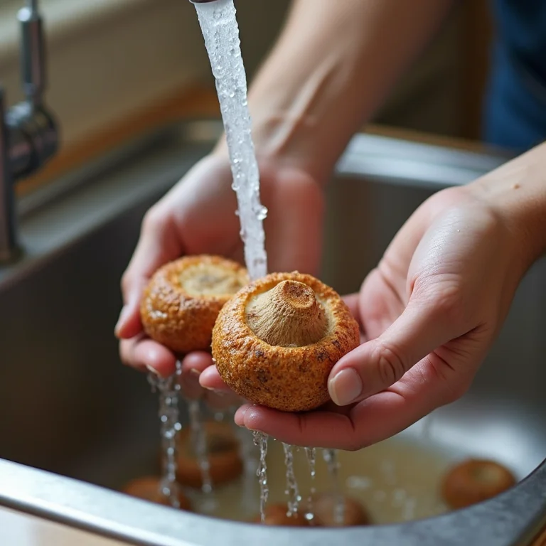 Limpando cogumelos Paris sob água corrente.