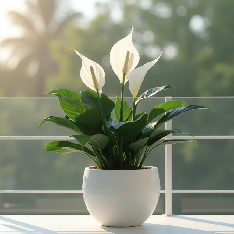 Lírio da Paz em um vaso branco elegante decorando uma varanda minimalista