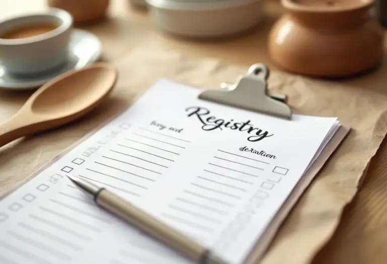 Lista de Chá de Casanova impressa em papel kraft com utensílios de cozinha ao redor