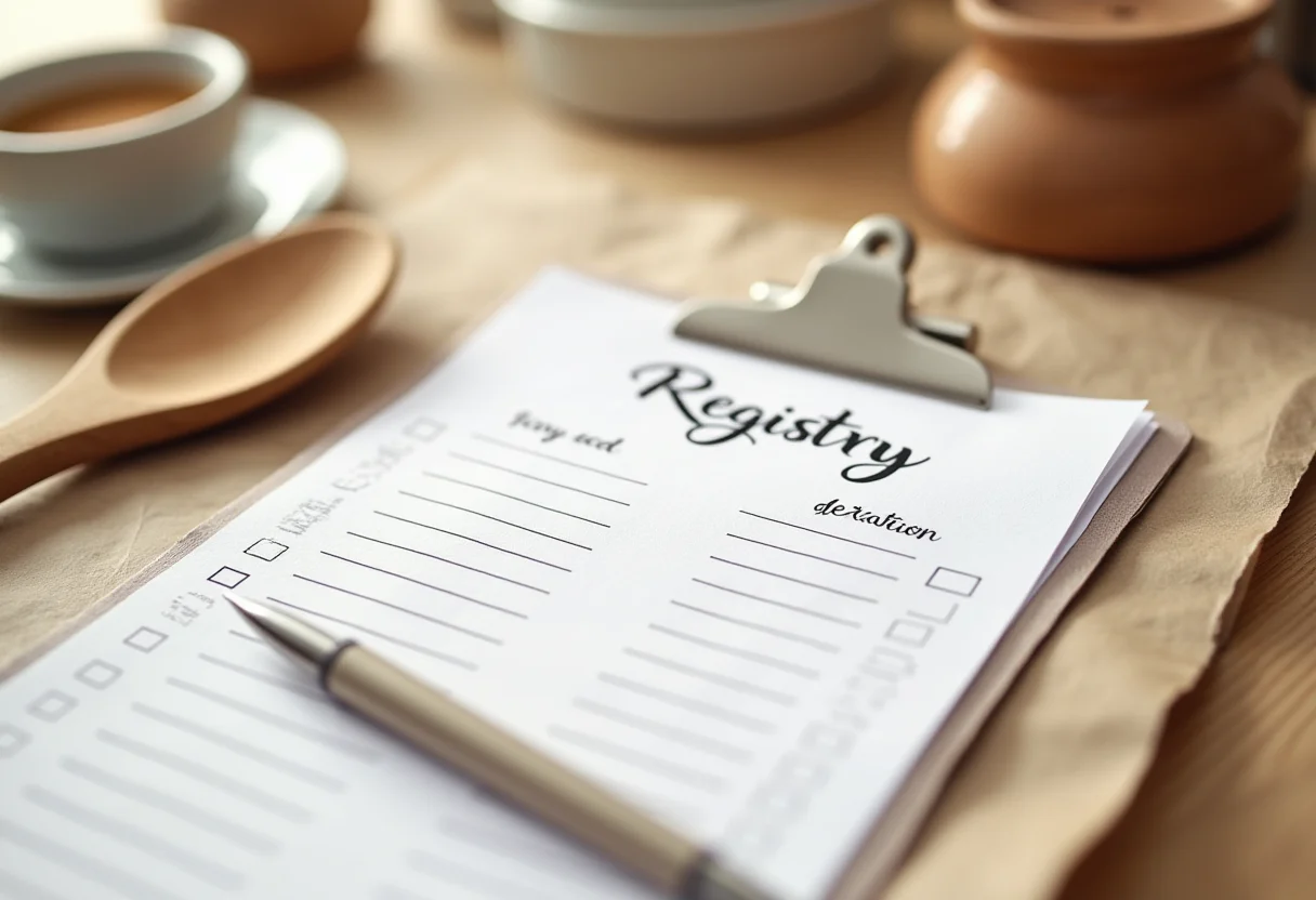 Lista Chá de Casanova: O que não pode faltar (e onde imprimir) Lista de Chá de Casanova impressa em papel kraft com utensílios de cozinha ao redor