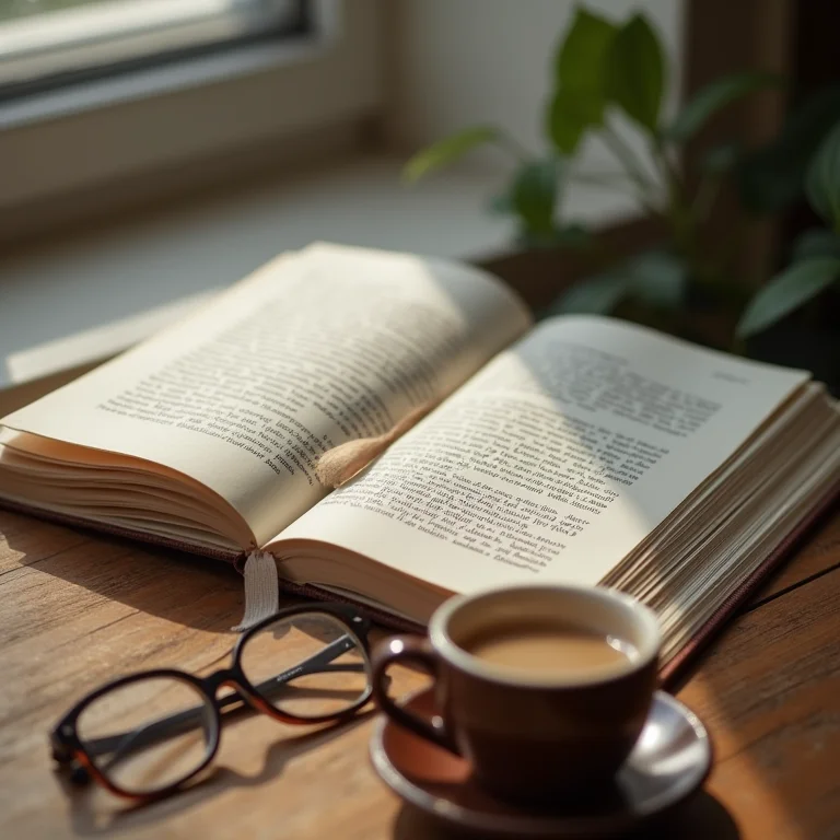 Livro aberto, óculos de leitura e xícara de chá sobre mesa de madeira