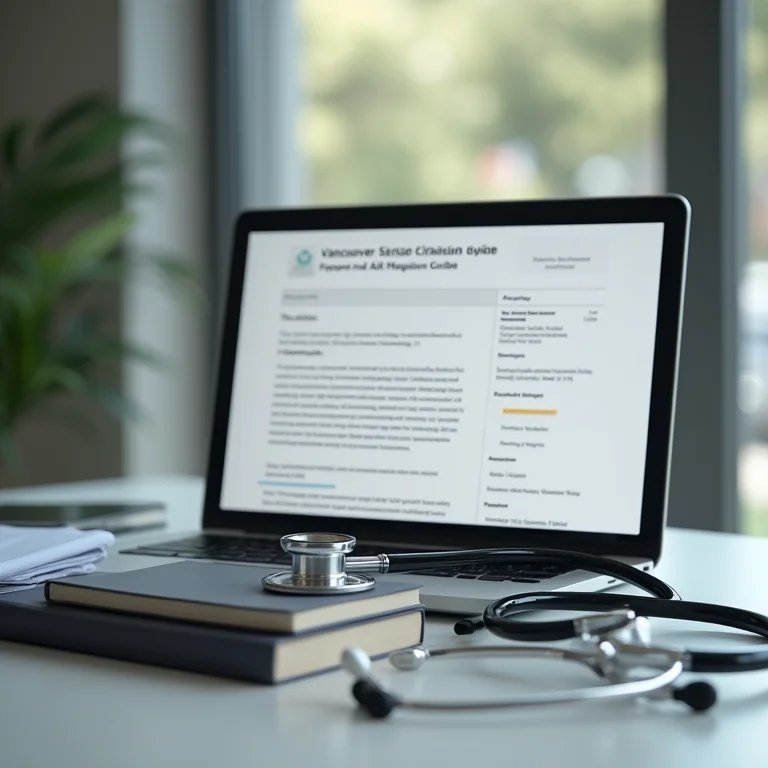 Livros e estetoscópio com guia de Vancouver no laptop