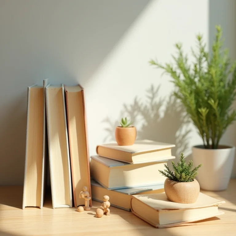 Livros infantis e brinquedo de madeira em cima da mesa
