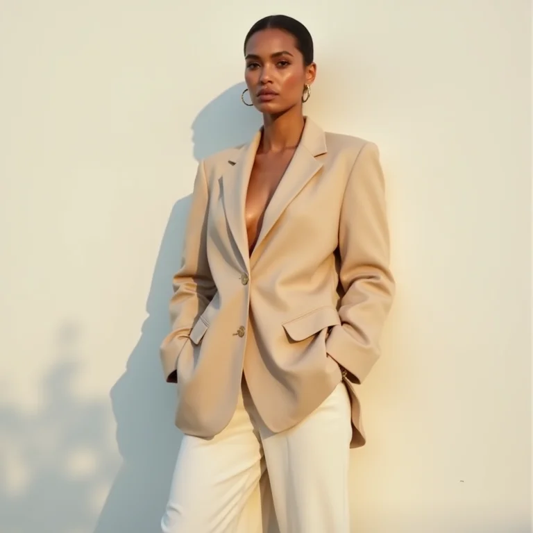 Look atemporal com cores neutras: blazer bege e calça off-white.