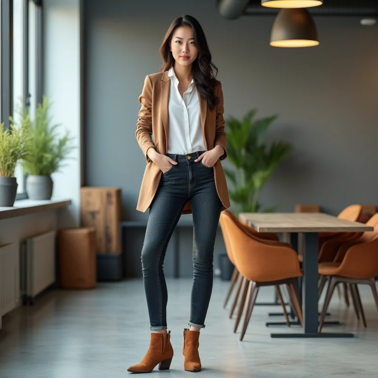 Look de trabalho com bota de camurça: blazer, jeans e ankle boot.
