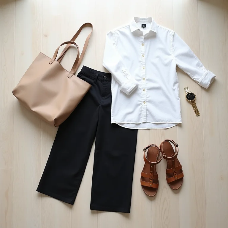 Look de trabalho com camisa de linho branca, calça preta e sandálias gladiadoras