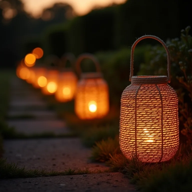 Luminárias de corda náutica iluminando caminho de jardim ao entardecer