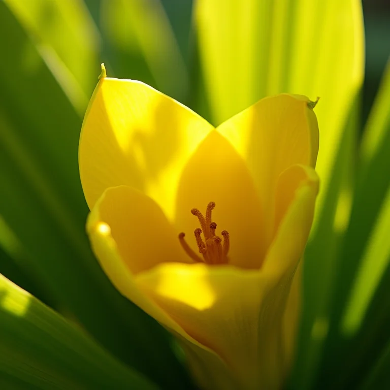 Luz solar incidindo sobre as folhas e flores vibrantes de um mangarito amarelo.