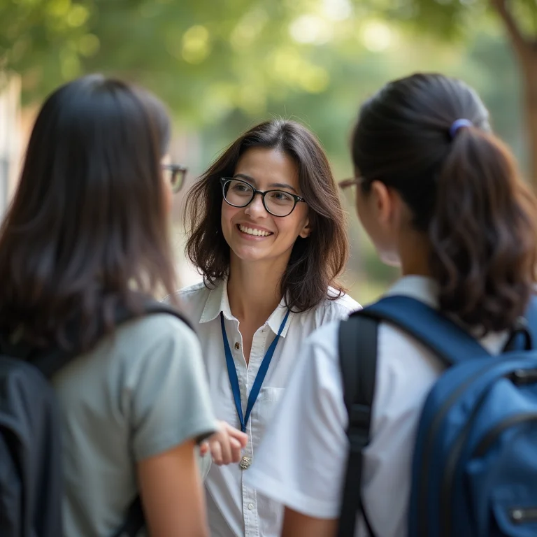 Mãe asiática-brasileira conversando com professor na escola