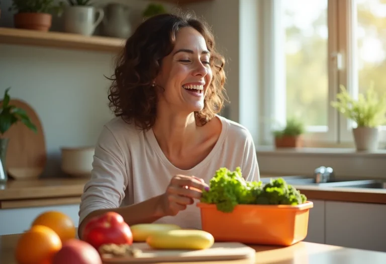 Mãe brasileira preparando lancheira escolar saudável com alegria.
