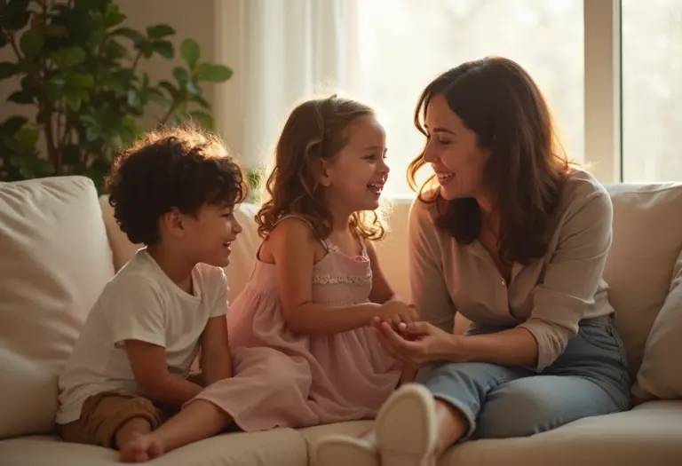 Mãe brincando com seus filhos em casa