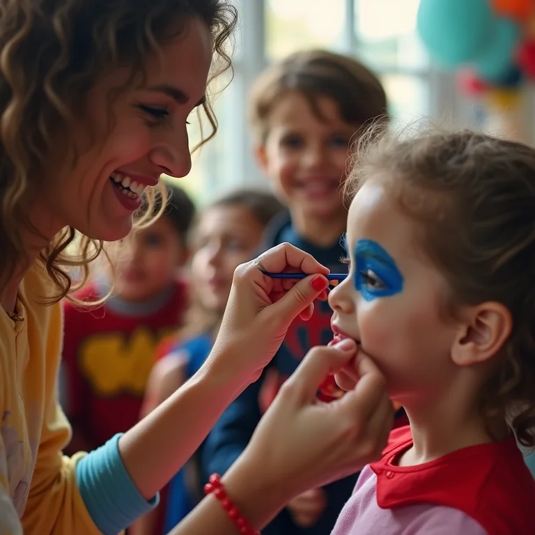 Mãe e filho se divertindo em festa de super-heróis.