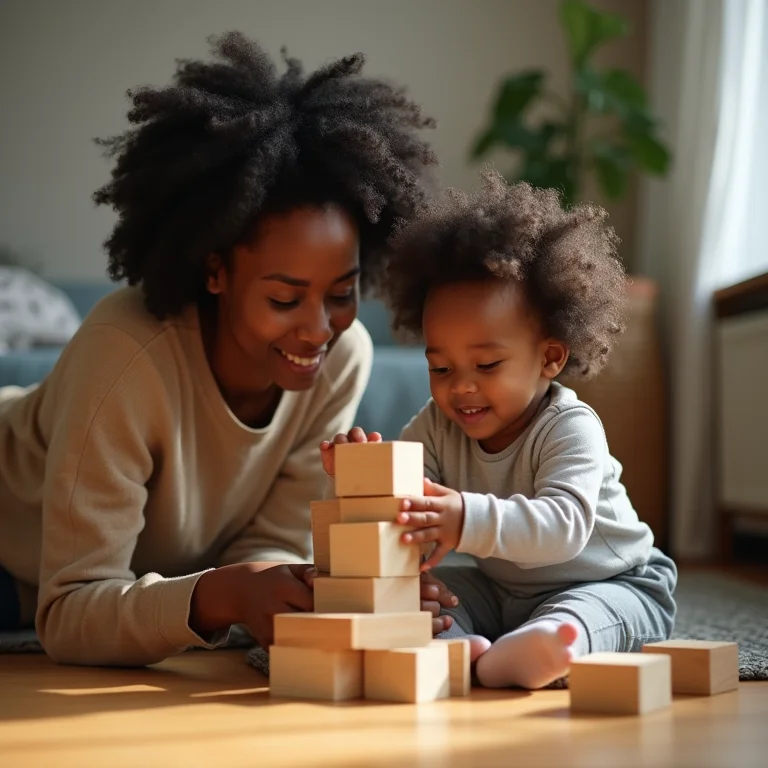 Mãe negra ajudando seu filho a construir torre de blocos