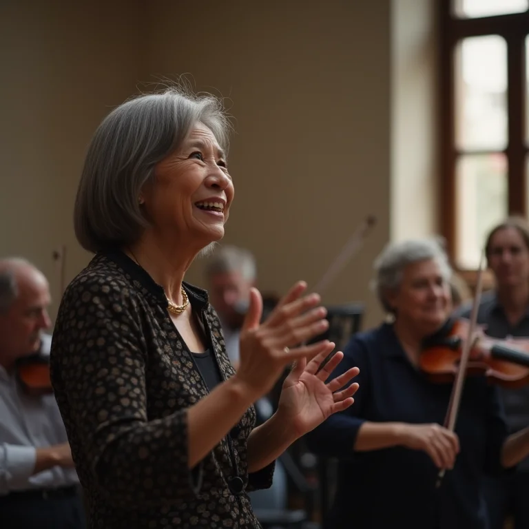 Maestrina asiático-brasileira conduzindo orquestra