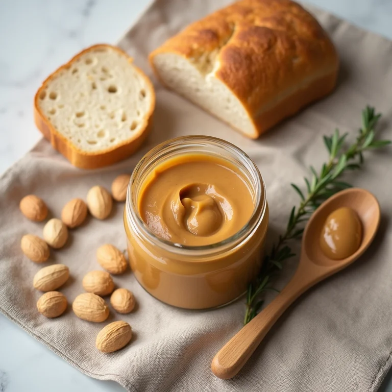 Manteiga de amendoim em pote com ingredientes ao redor