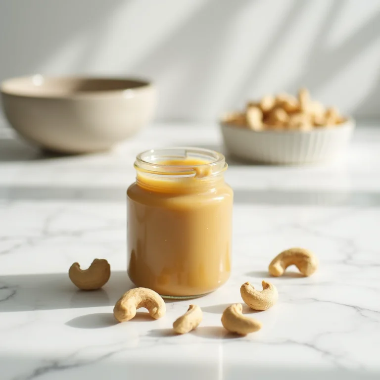 Manteiga de castanha de caju em pote sobre bancada de mármore