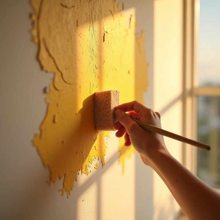 Mão aplicando tinta na parede com esponja
