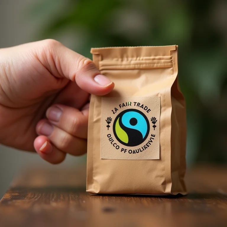 Mão apontando para um selo de certificação de comércio justo em um produto.